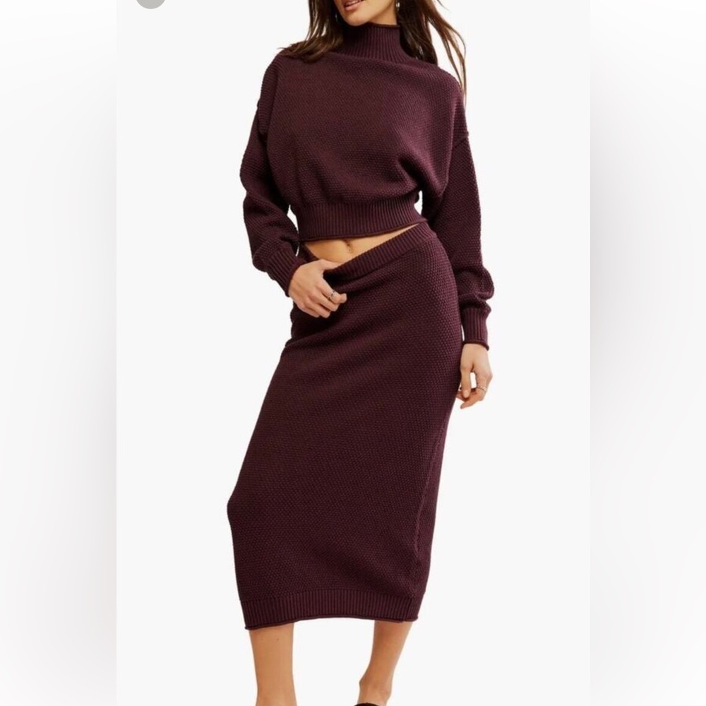 Free People Knit Turtleneck Sweater Dress Set Deep Wine